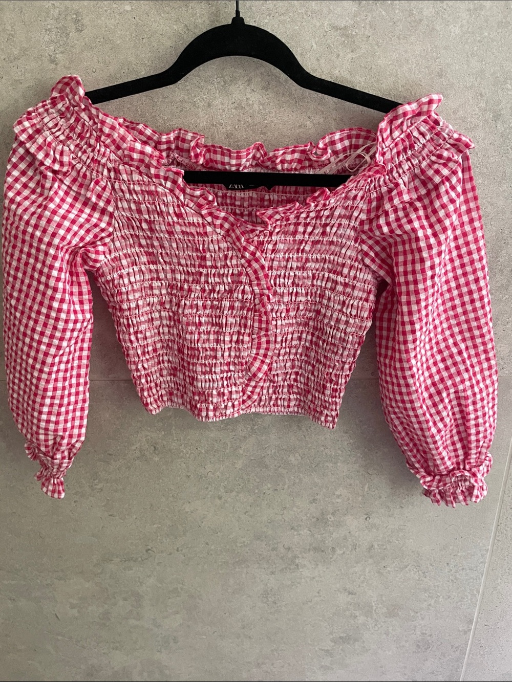 Zara Pink Gingham Smocked Off-Shoulder Crop Blouse